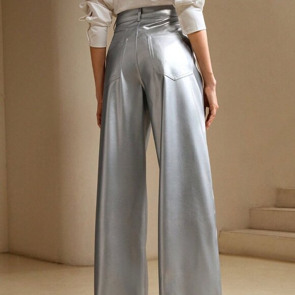 Silver Elegant Women's Faux Leather Urban Metallic Straight Leg Wide Leg Pants - Picture 2 of 5